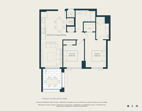 Floor plan for 2 beds, 2 baths, 843 sqft